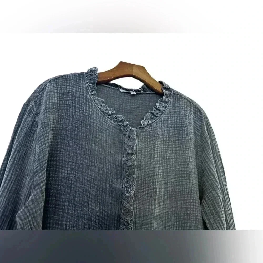 MAZIK Charcoal Gray Eyelet Ruffle Button Down Long Sleeve Tunic Shirt
